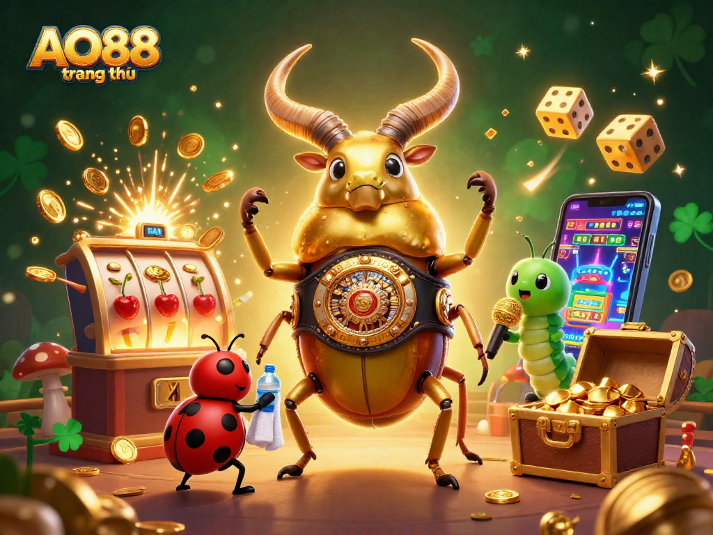 Experience thrilling moments at AO88 trang chủ with a dynamic casino showdown featuring a giant golden beetle.