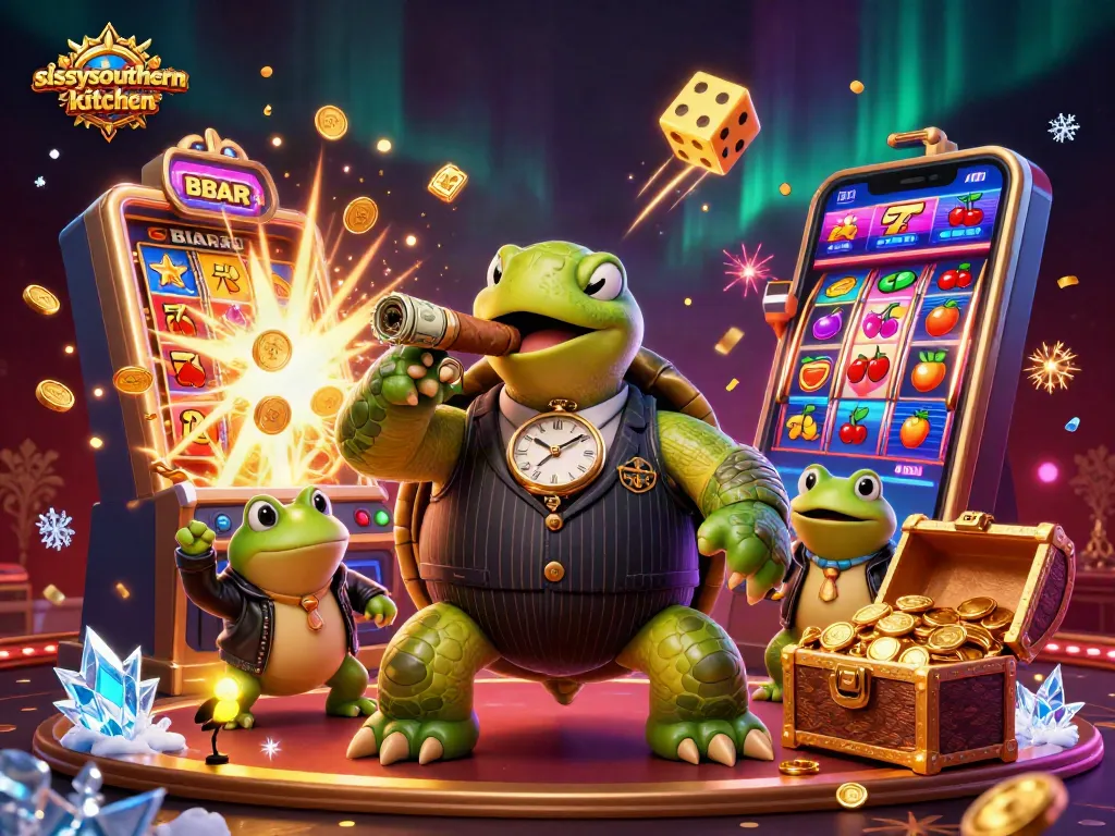 Sissyssouthernkitchen showcases an extravagant casino scene with vibrant 3D characters, slot machines, and lively elements.