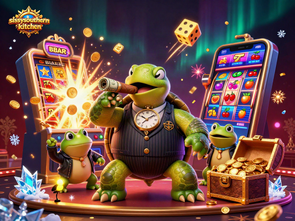 Sissyssouthernkitchen showcases an extravagant casino scene with vibrant 3D characters, slot machines, and lively elements.