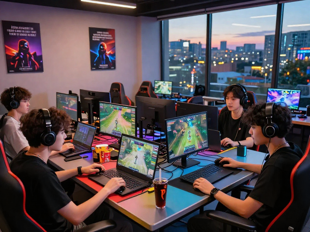 Join the fun in this vibrant gaming café scene with rokok88 login details visible on a laptop screen.