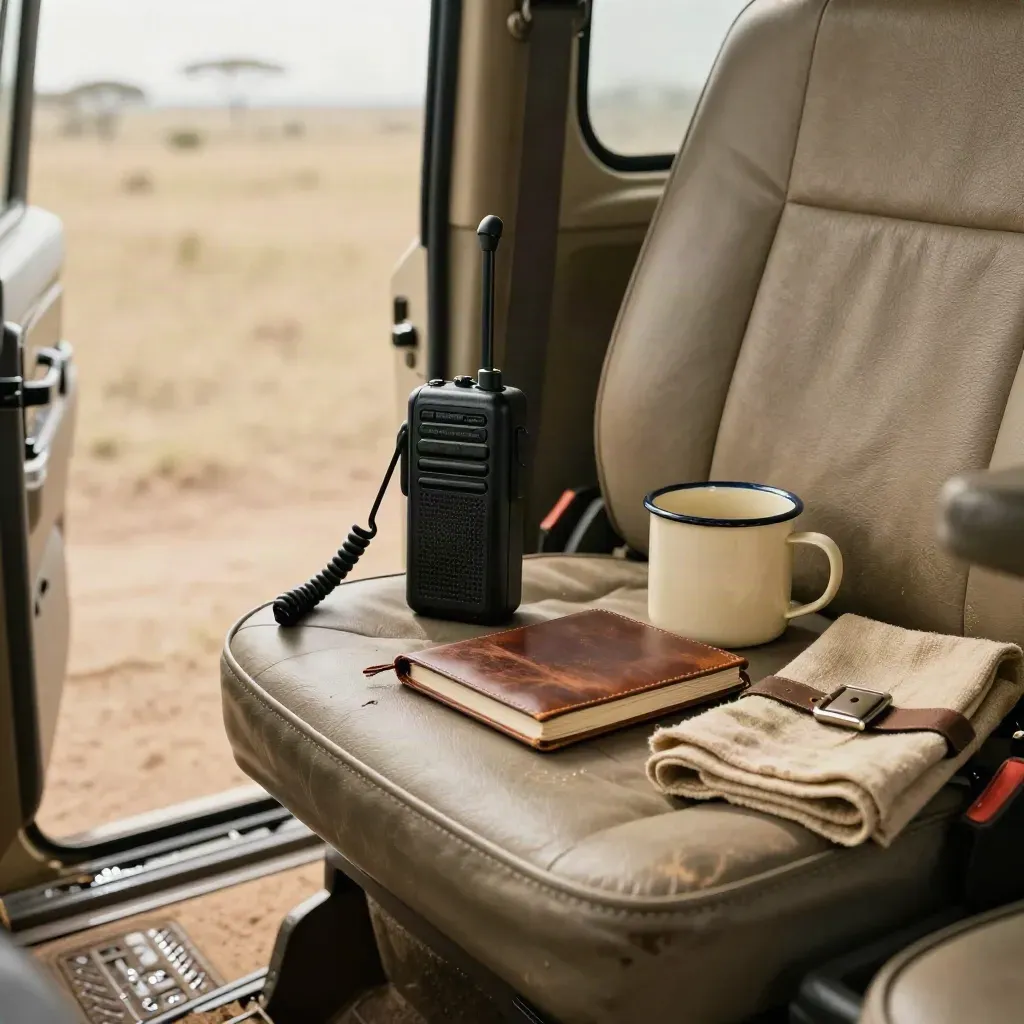 Kit de guía en el asiento de un safari, con radio, auricular, cuaderno y taza, listo para salir.