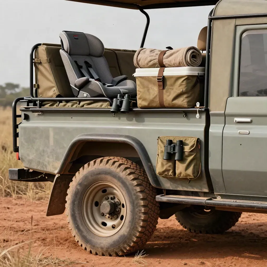 4x4 de safari familiar con silla infantil, nevera, manta enrollada y prismáticos, en tierra roja.