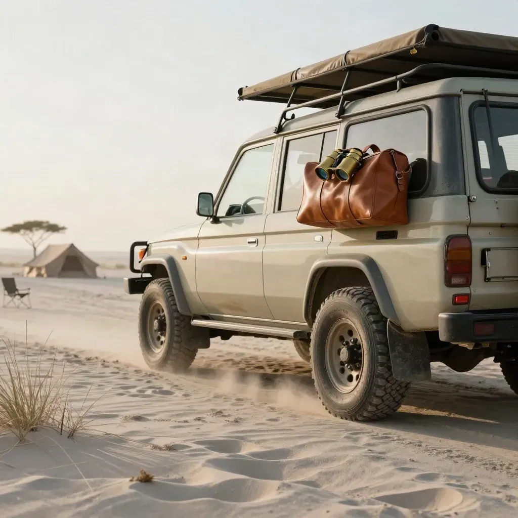 Cruiser safari al amanecer con polvo, prismáticos y bolsa de cuero en un campamento.