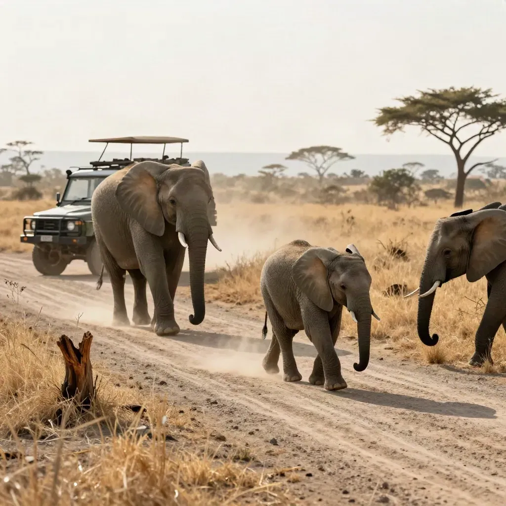 Jeep safari junto a una familia de elefantes cruzando un camino polvoriento en Amboseli.