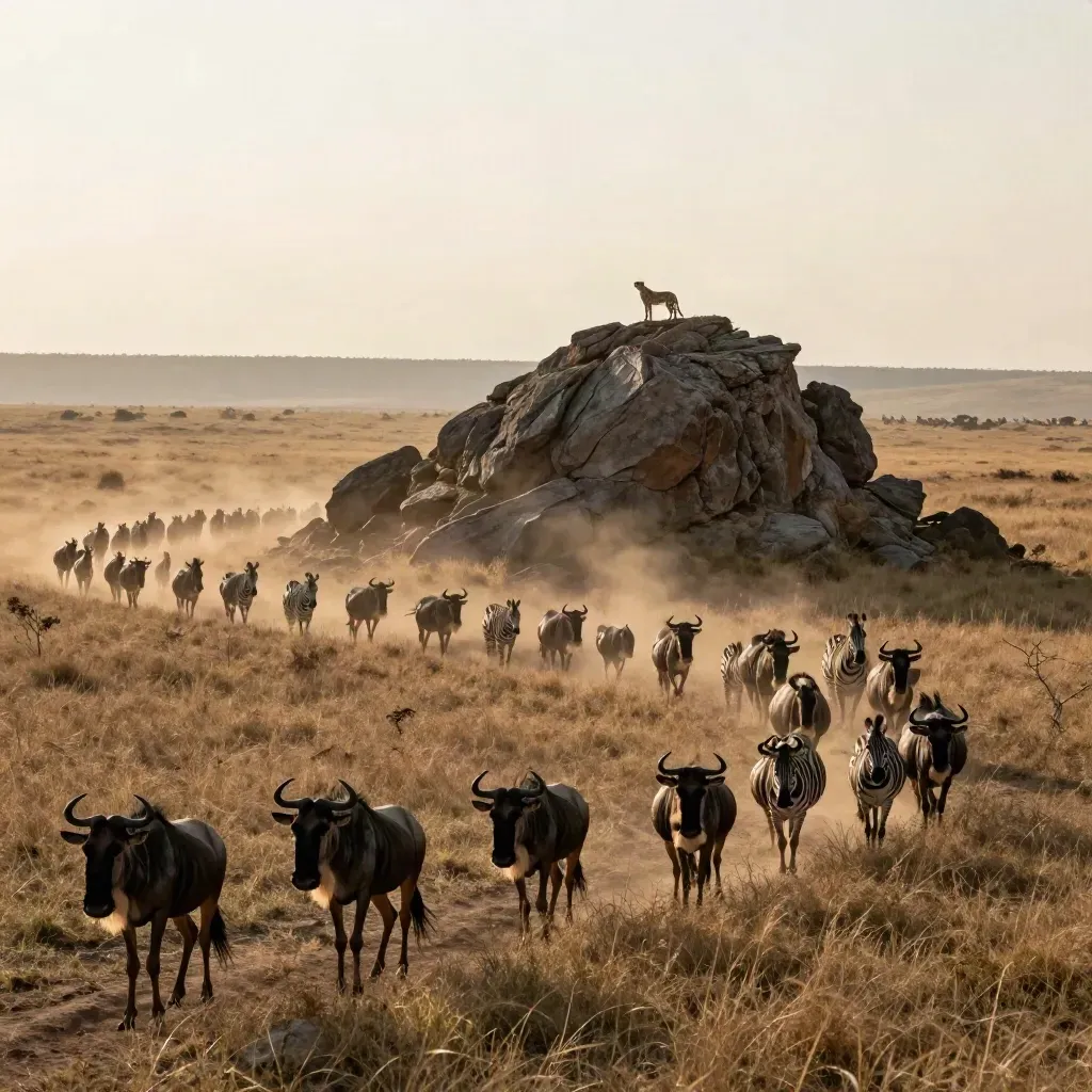 Un kopje del Serengeti con una silueta de guepardo y la migración al amanecer.