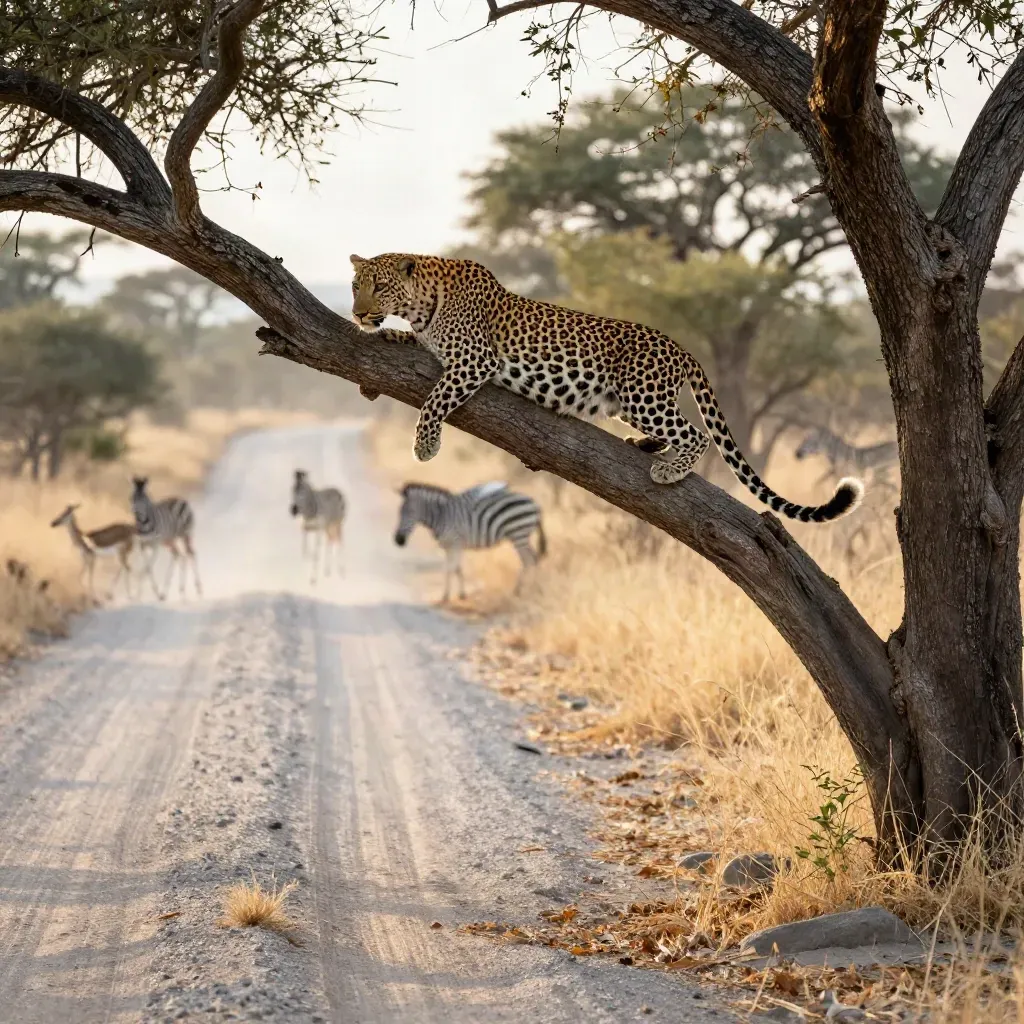 Leopardo en una rama de marula junto a una pista de Kruger, con cebras e impalas al fondo.
