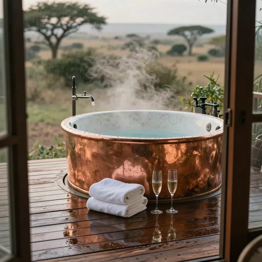 Baño de cobre en una terraza de lodge con toallas, copas y sabana al fondo.