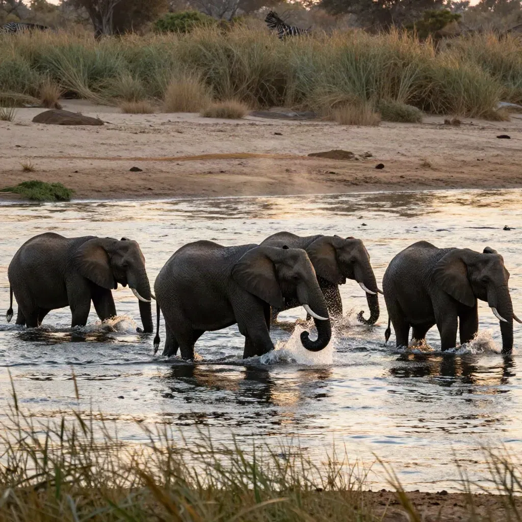 Manada de elefantes cruzando el río Chobe al atardecer, con agua y niebla dorada.