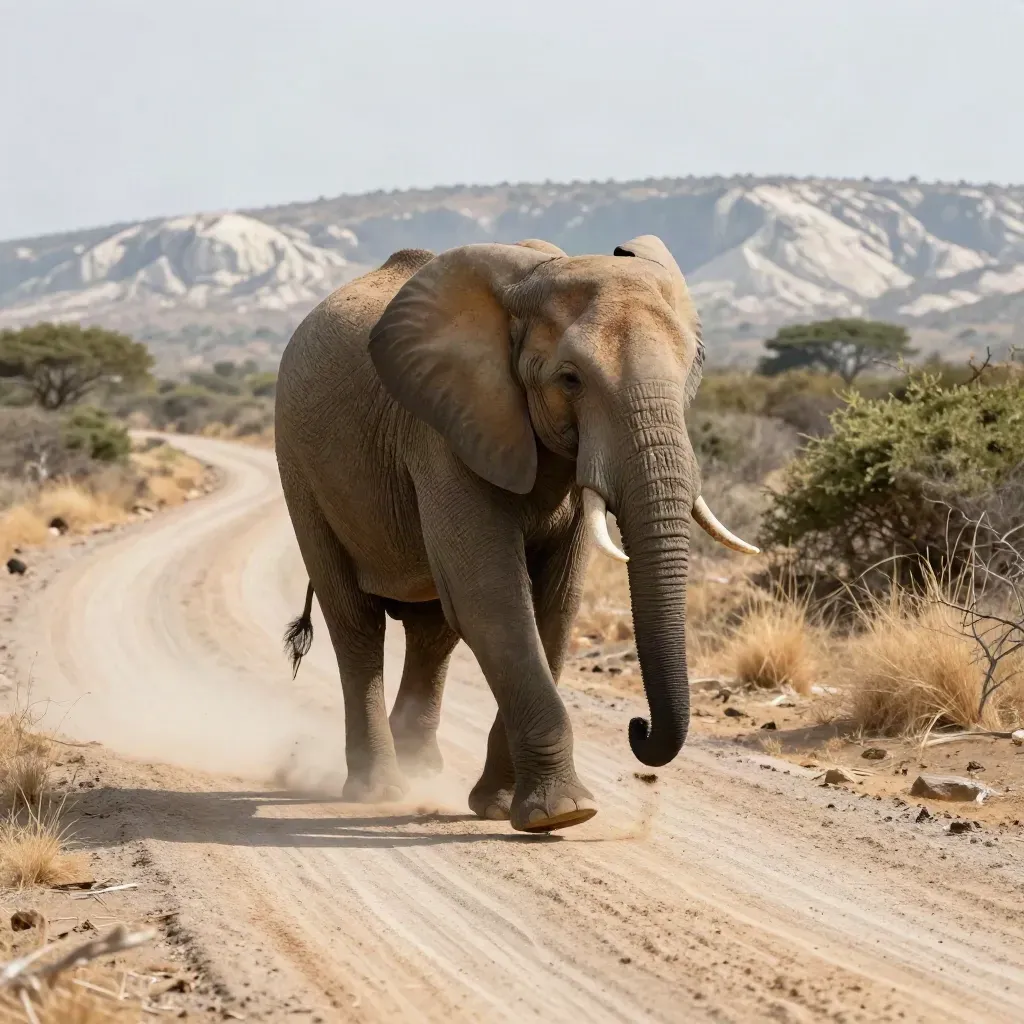 Elefante de Addo cruzando un camino de safari entre matorrales y colinas claras.
