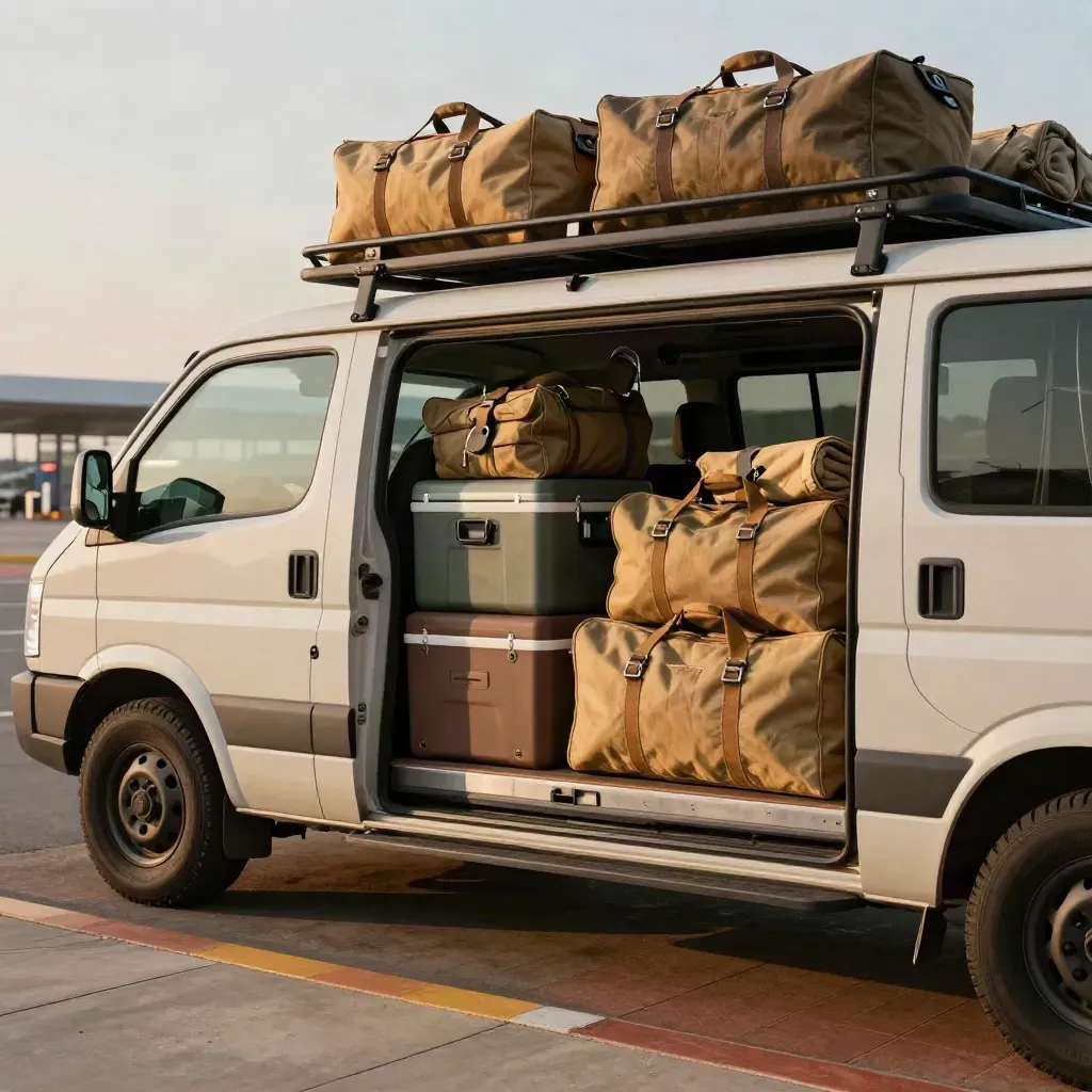 Furgoneta safari con equipaje en carga junto a la terminal, en luz cálida de atardecer.