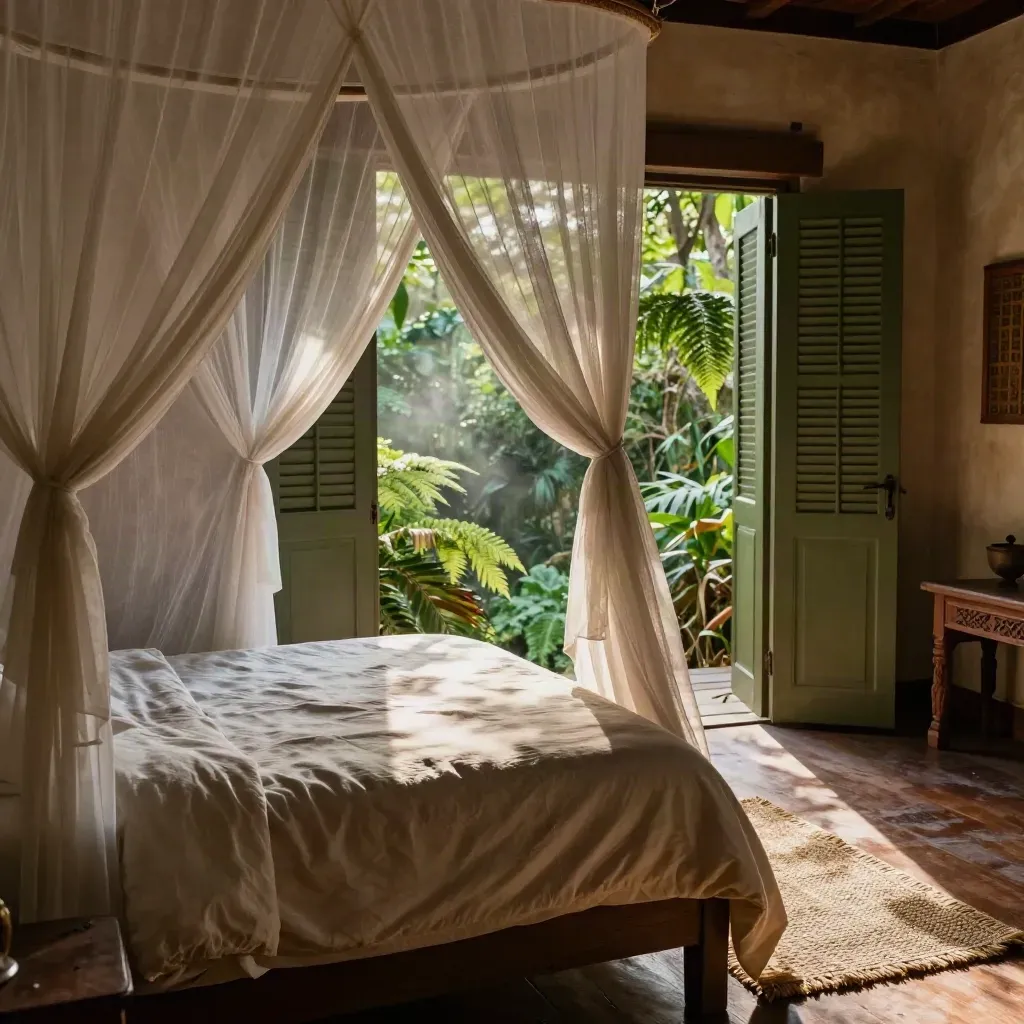 Cama de lodge en la selva con mosquitera y luz de mañana junto a la veranda abierta.