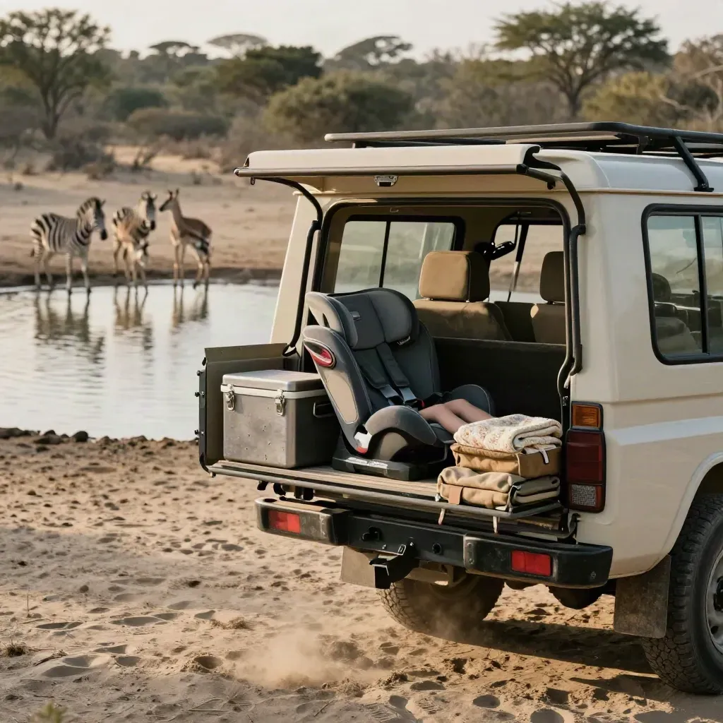 Vehículo safari abierto junto a un abrevadero con equipo familiar y fauna al atardecer.