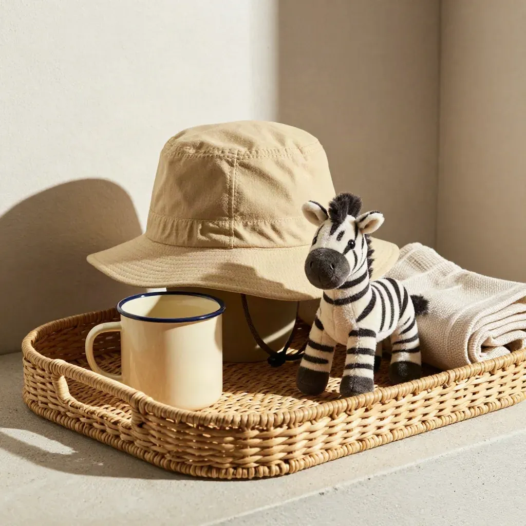 Kit safari infantil con sombrero, taza esmaltada, juguete de cebra y manta en una bandeja