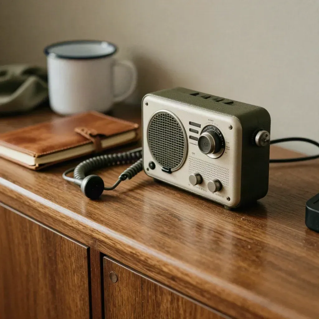 Radio de guía, auricular en espiral, libreta cerrada y taza esmaltada sobre consola de madera.