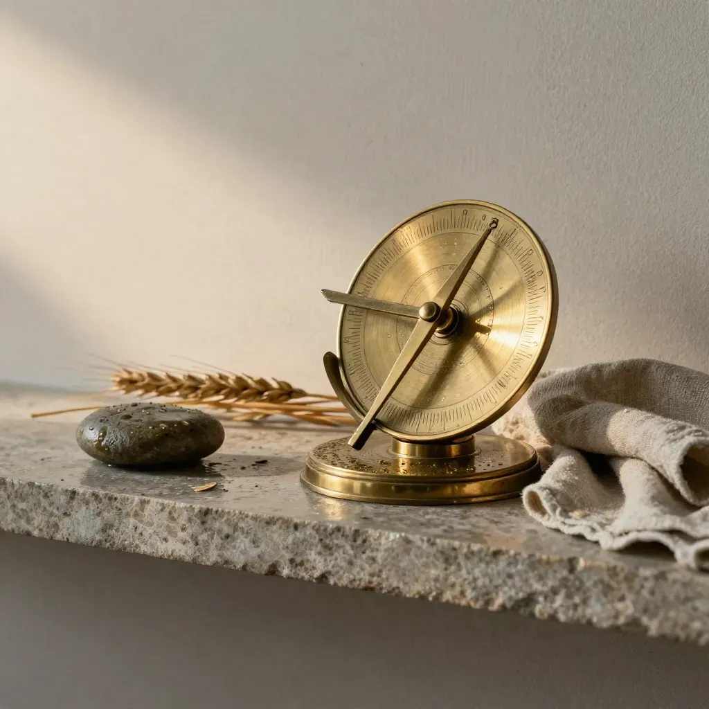 Reloj de sol de latón con piedra húmeda y lino sobre una repisa de piedra.