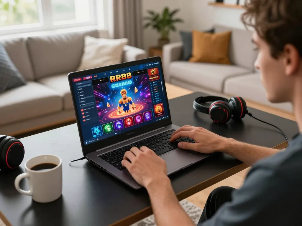 Player enjoying RR88 online casino gaming on laptop at home, showcasing an engaging atmosphere