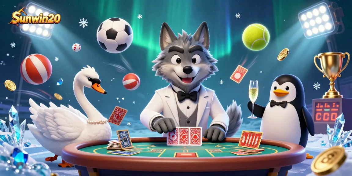 Experience the excitement of Sunwin20 with characters enjoying dynamic baccarat gameplay and sports themes.