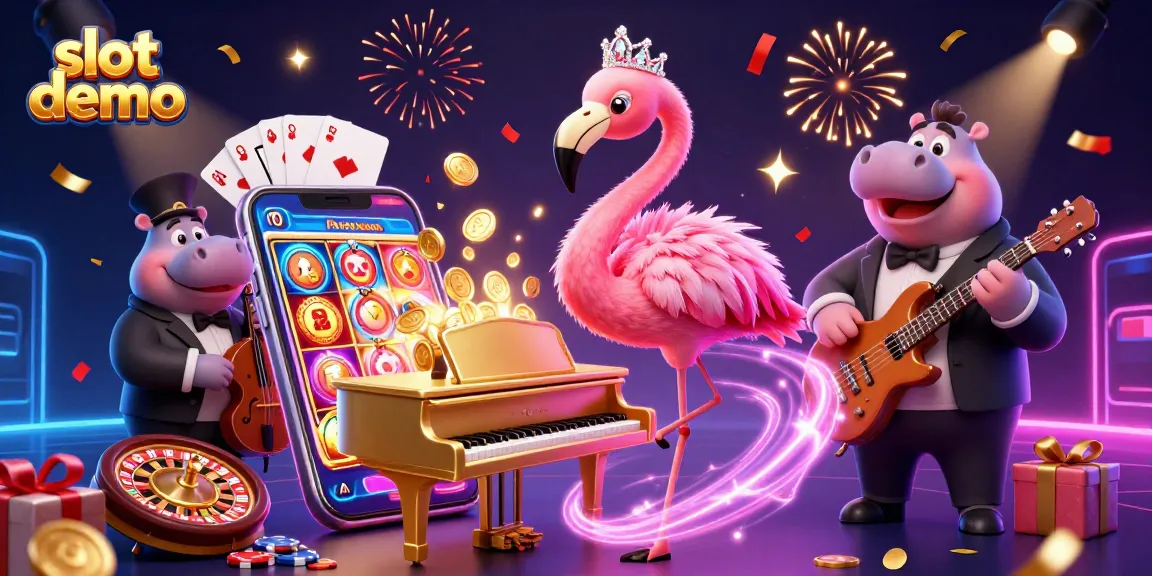 Menghadiri slot demo dengan flamingo penyanyi, hippo bassist, dan smartphone yang menampilkan slot berwarna-warni