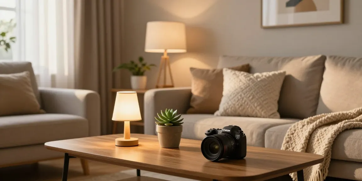 Sala de estar acogedora con lámparas de mesa pequeñas que mejoran la ambientación y la decoración