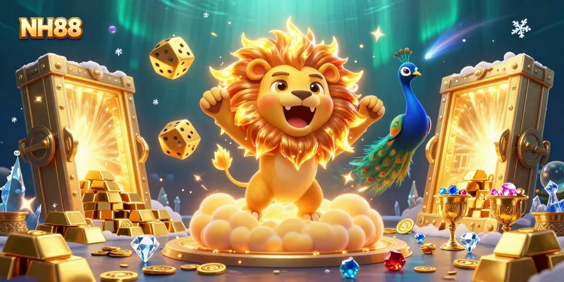 Experience the thrilling world of NH88 with a vibrant 3D casino scene featuring dazzling treasures and roaring characters.