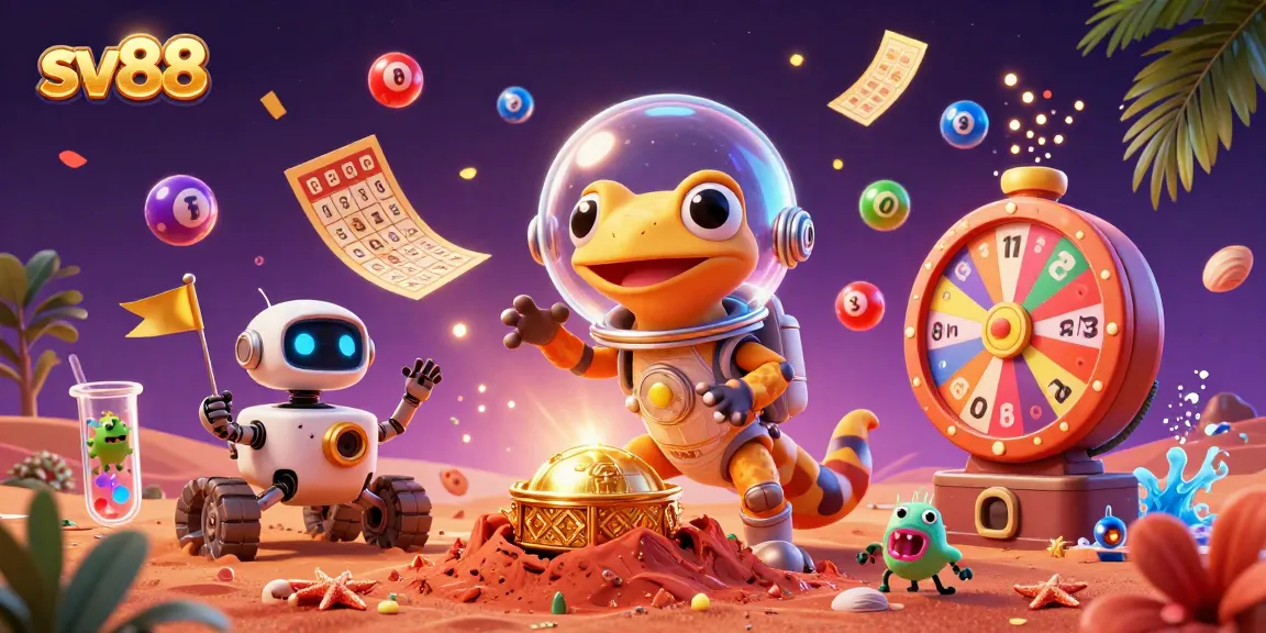 Engage in sv88's thrilling casino adventure with cartoon Martian gecko, golden tickets, and vibrant lottery elements!