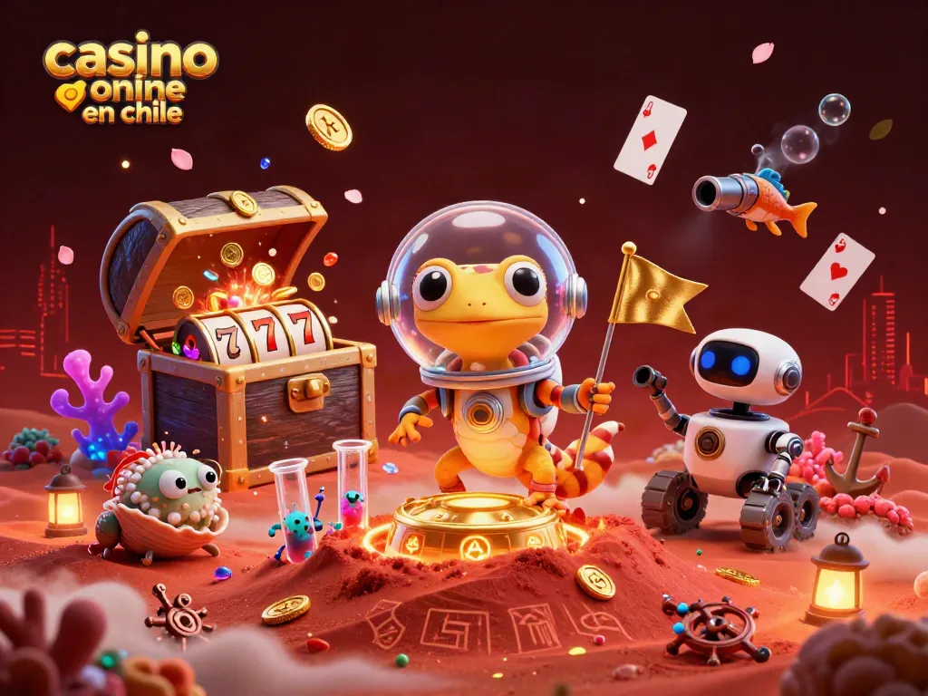 Explora las tragamonedas en casino online en Chile con nuestro divertido gecko marciano y tesoros dorados.