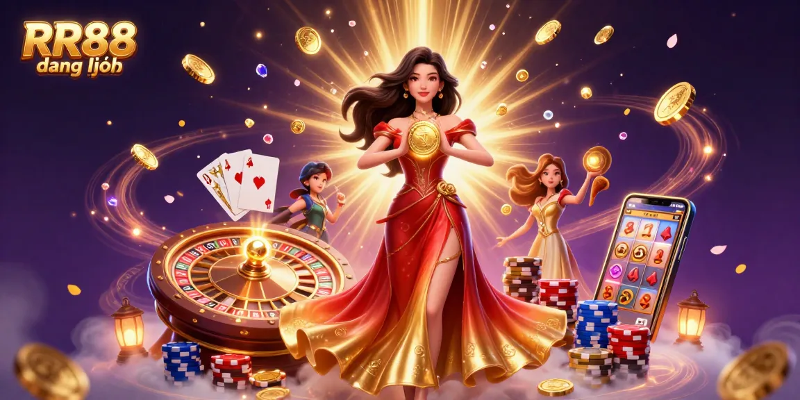 Experience RR88 đăng nhập with a glamorous Asian woman and shimmering casino elements, inviting you to win big.