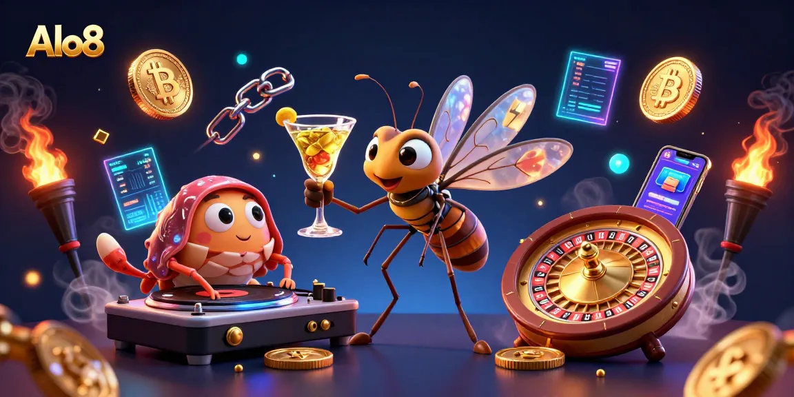 Alo8 captivates players with a vibrant casino scene featuring a frozen mosquito mascot and trilobite DJ.
