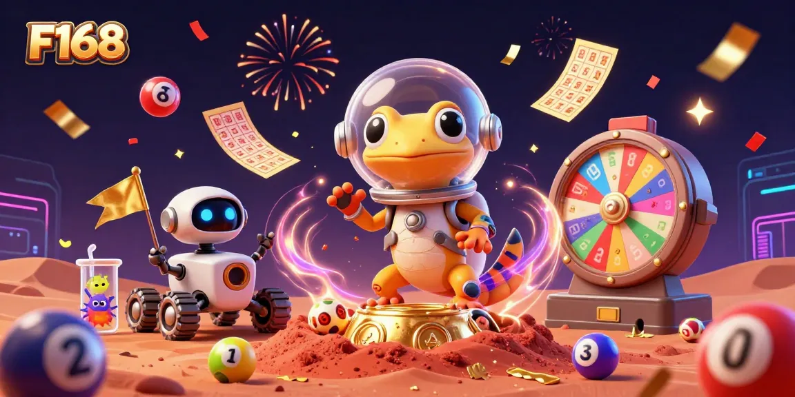 Experience thrilling F168 casino adventures in a colorful, dynamic 3D illustration with vibrant gaming elements.