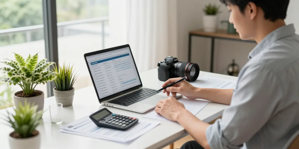 Calculadora hipoteca setup in a modern office with mortgage documents and laptop.