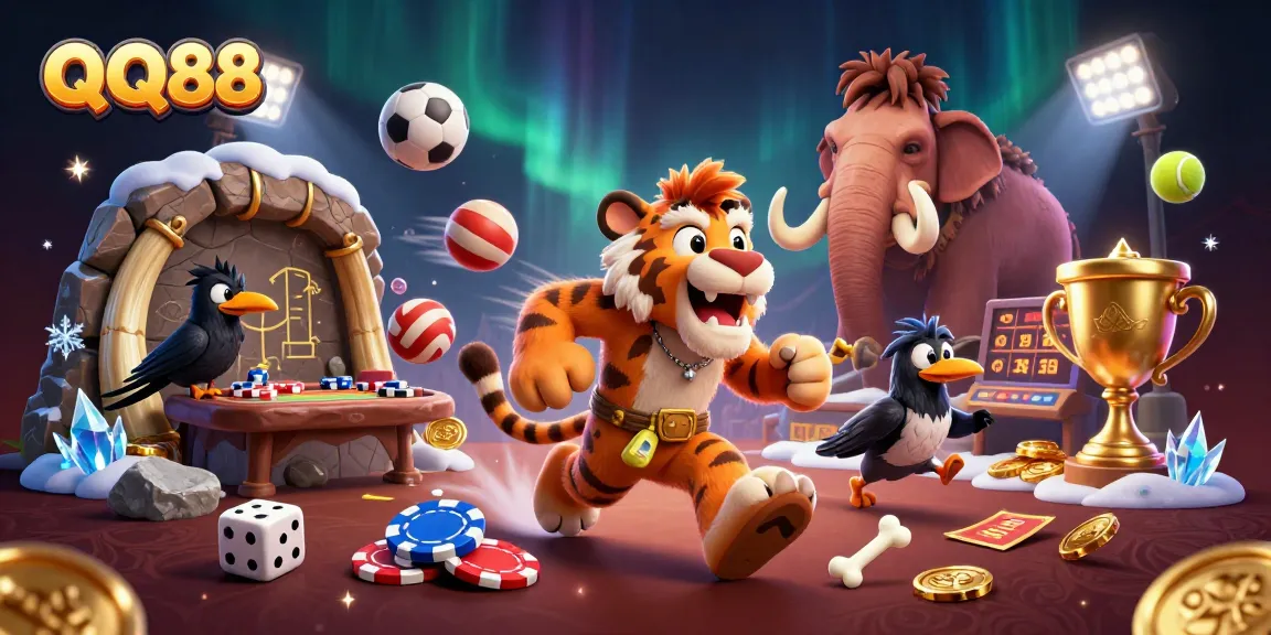Experience the excitement of QQ88's casino with cavemen and a sabertooth tiger enjoying stone-age gaming.