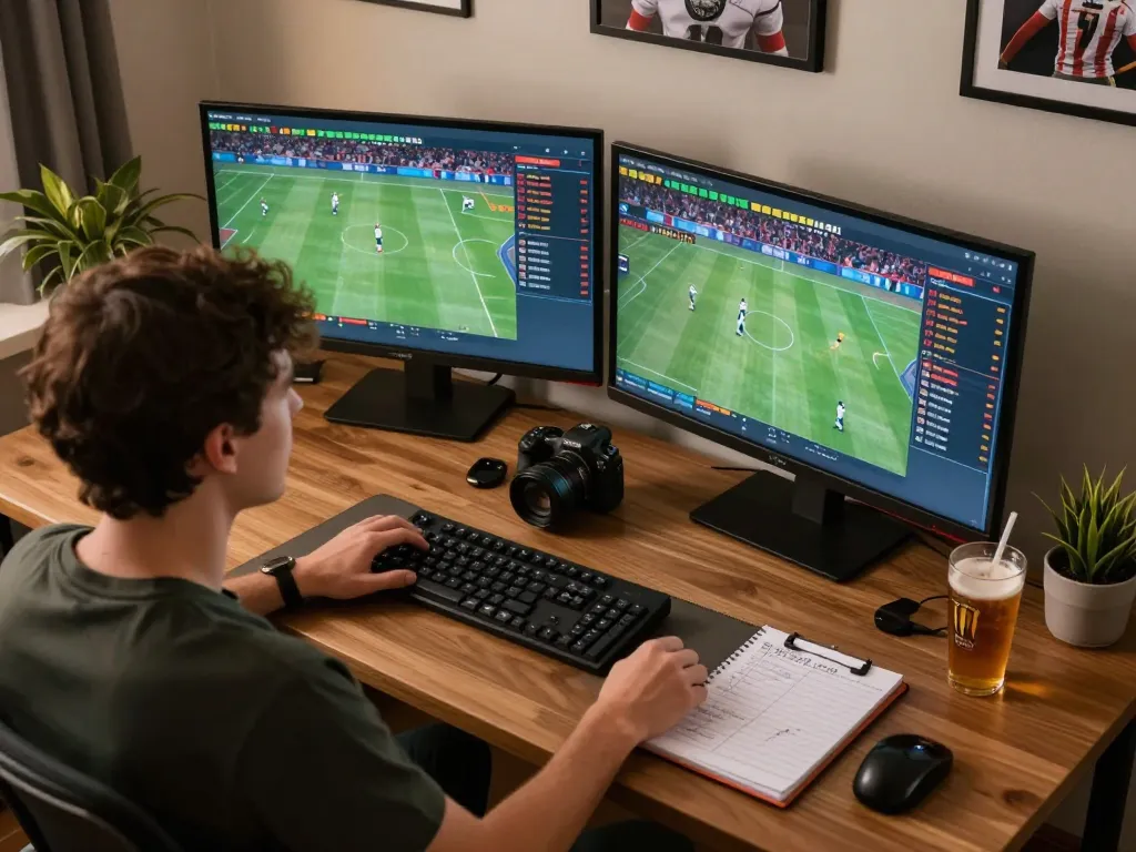Engaged player analyzing odds on keonhacai5 while betting on sports in a modern home setup.