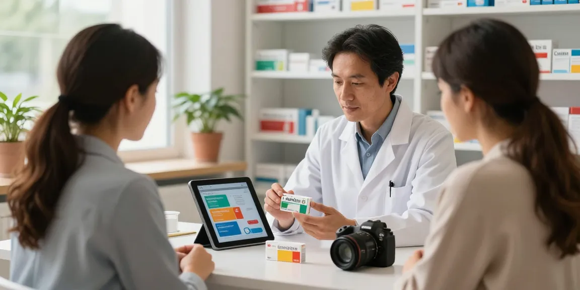 Consultation for comprar cialis en españa in a pharmacy with pharmacist and customer.