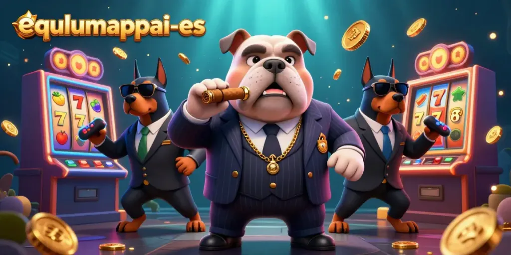 Spin the reels with equlumappai-es, showcasing a mafia boss and bodyguards amidst vibrant slot machines and golden coins.