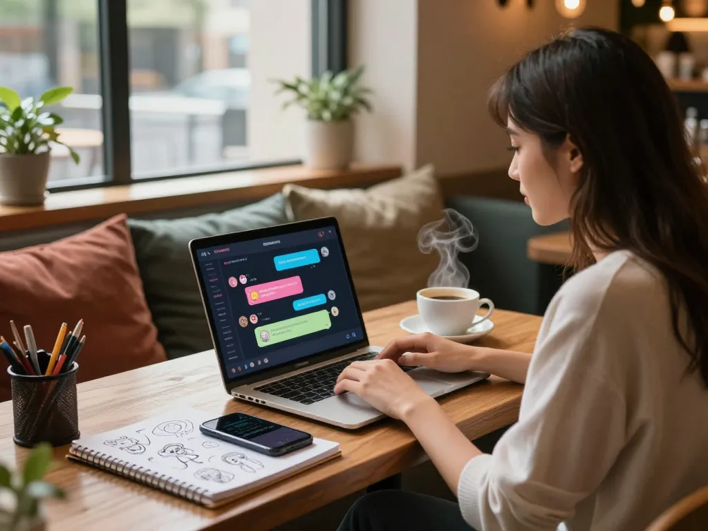 Engaging in an nsfw chat at a cozy cafe with AI interface and warm ambiance.