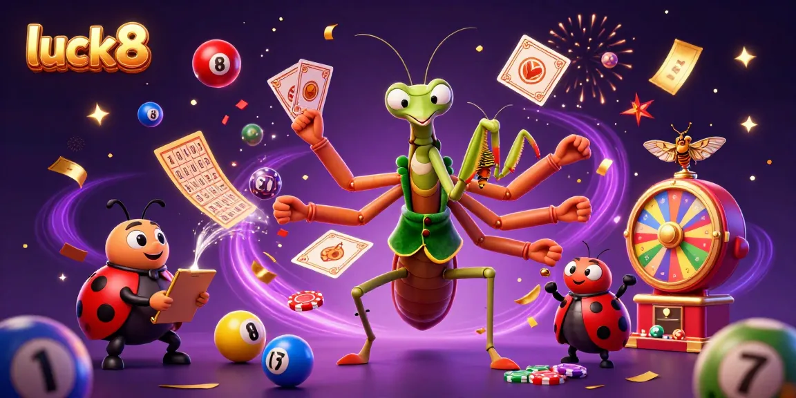 Experience luck8 with a lively scene featuring a giant praying mantis and ladybug at a vibrant casino.