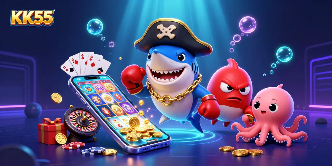 Immerse in KK55's vibrant 3D underwater casino adventure with a shark, pufferfish, and octopus.
