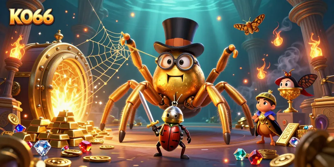 Experience the thrill of gaming with KO66 featuring a golden tarantula and knight in a vibrant casino setting.