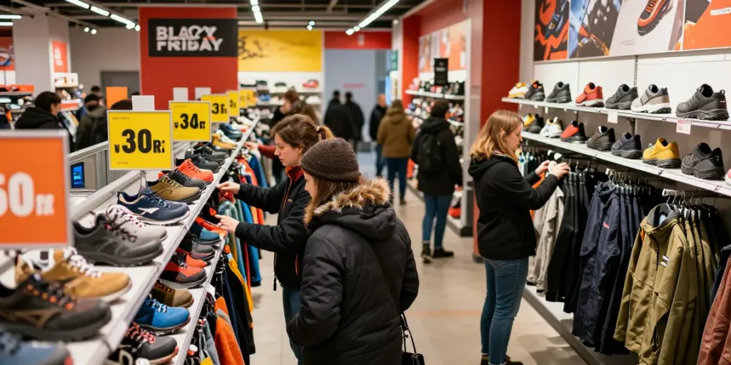 Compradores emocionados buscando ofertas en zapatos de seguridad Black Friday Diadora Utility.