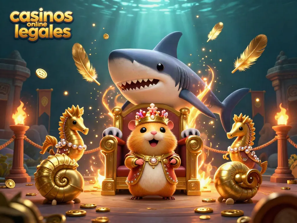 Ilustra a los casinos online legales con un rey hámster dorado y guardianes de caballitos de mar en un entorno vibrante.