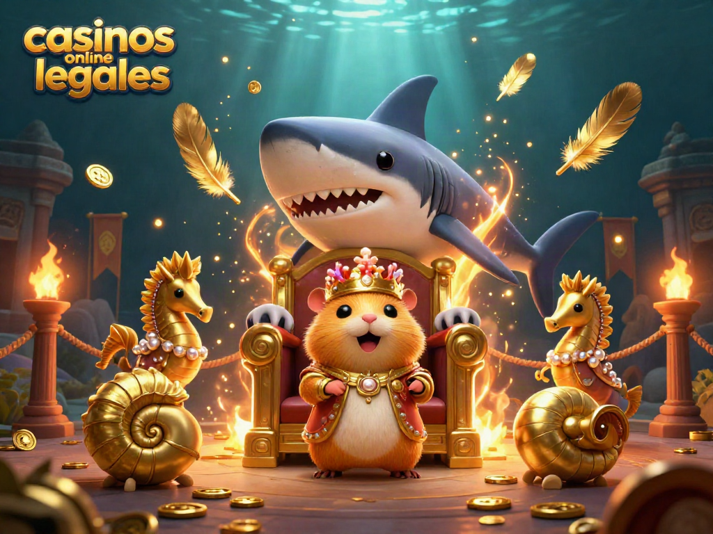 Ilustra a los casinos online legales con un rey hámster dorado y guardianes de caballitos de mar en un entorno vibrante.
