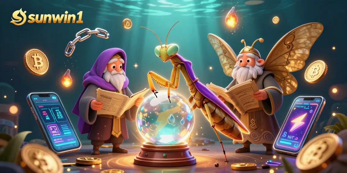 Engage with sunwin1 through a vibrant crypto-themed casino illustration showcasing fortune and wisdom.