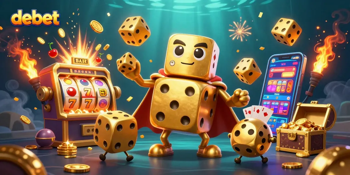 Engage with debet in a vibrant casino illustration showcasing dice, slots, and excitement.