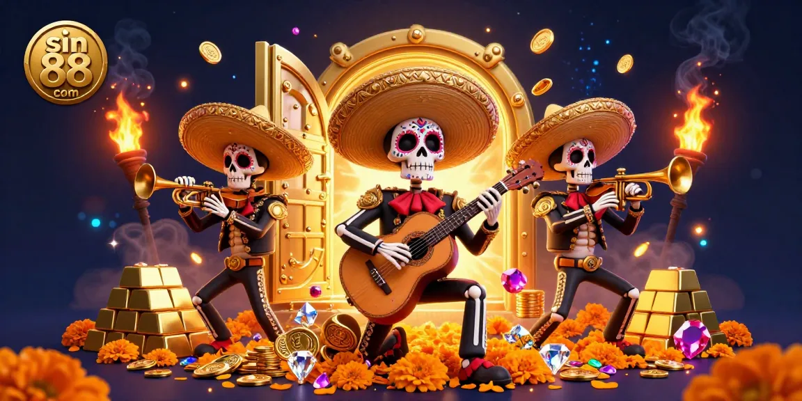 Engage with sin 88 com's treasure-filled gaming world featuring vibrant skeleton mariachi musicians and stunning jewels.