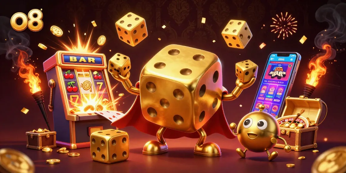 o8 players engaging with golden dice and jackpot elements in a vibrant casino scene