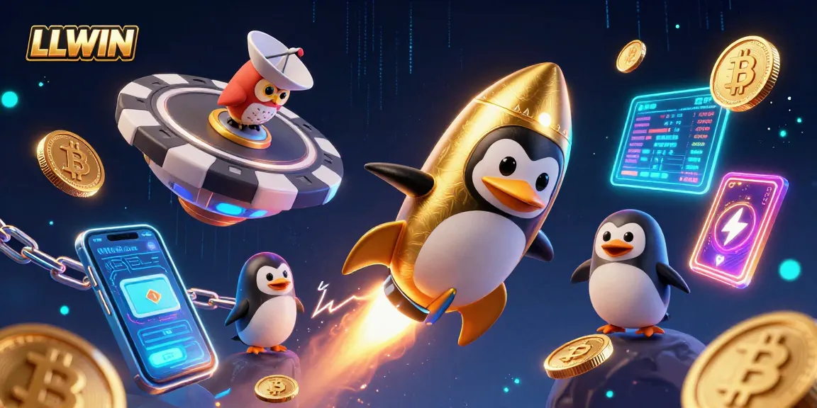 Experience exciting gaming with LLWIN as a charming golden penguin speeds to a vibrant casino station.