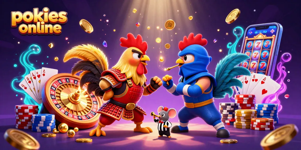 Experience thrilling pokies online gameplay with twin roosters in a standoff amidst vibrant casino elements.