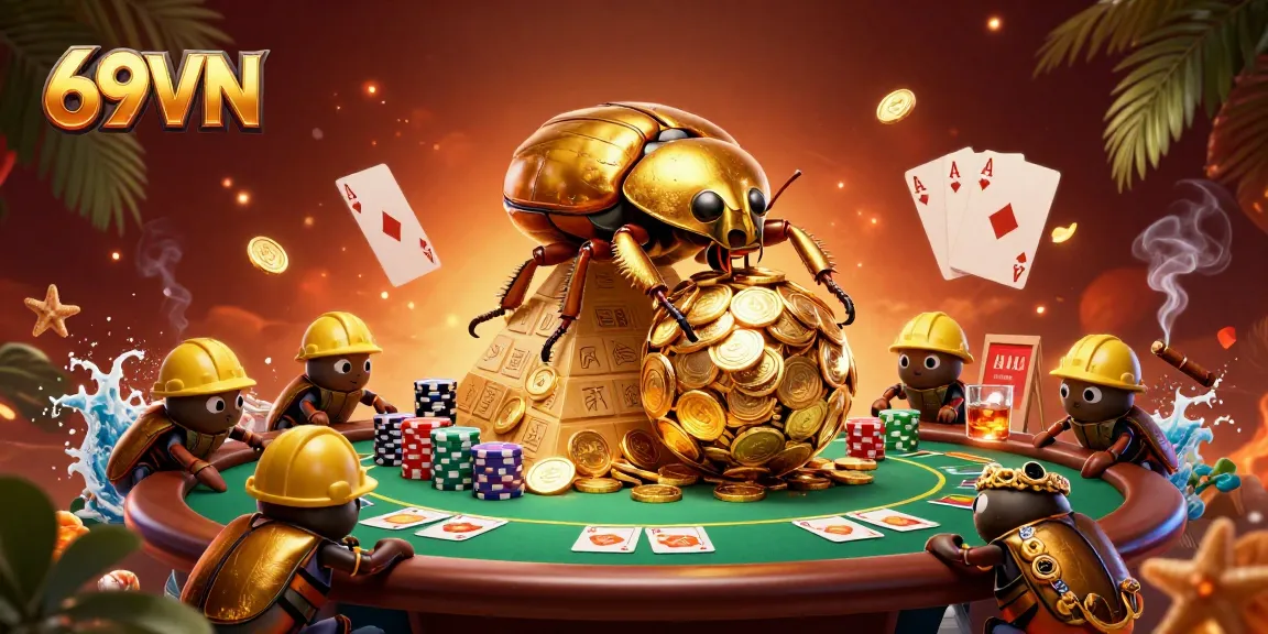 Engage in exciting betting activities at 69VN with vibrant casino-themed illustration featuring beetles and poker elements.